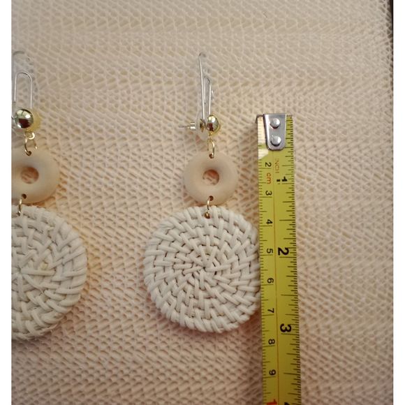RATTAN White Earrings Round Dangle Drop 3" Earrings - Picture 2 of 3